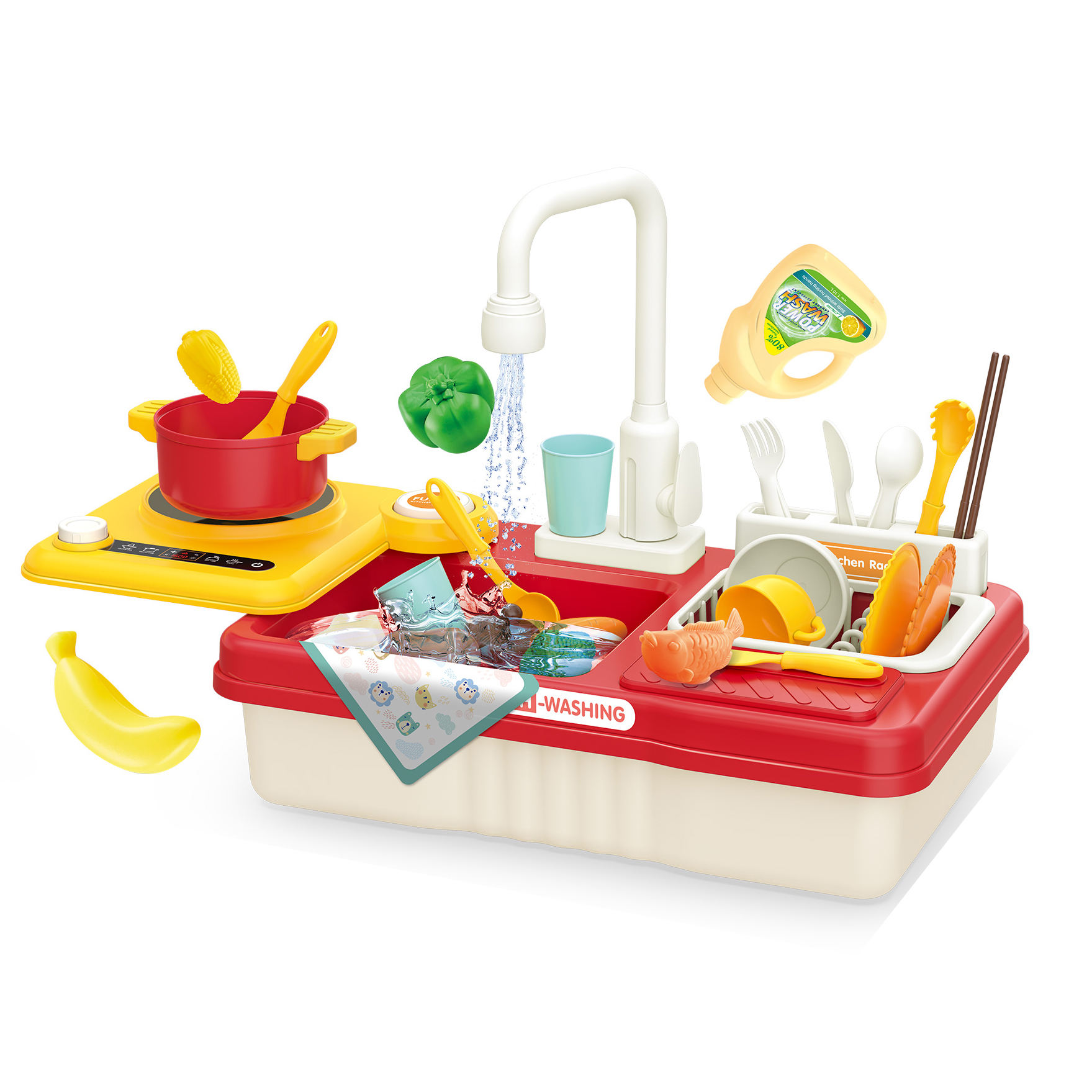 Kids Kitchen Sink Dishwasher Play Set with Running Water & Accessories